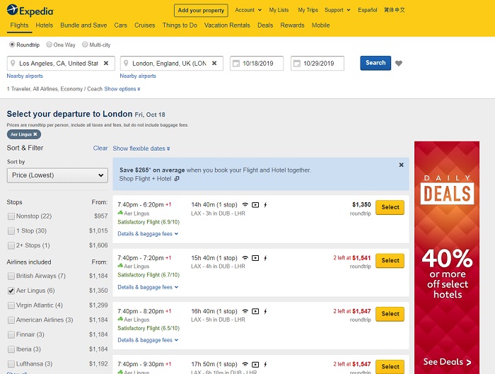 expedia filter results