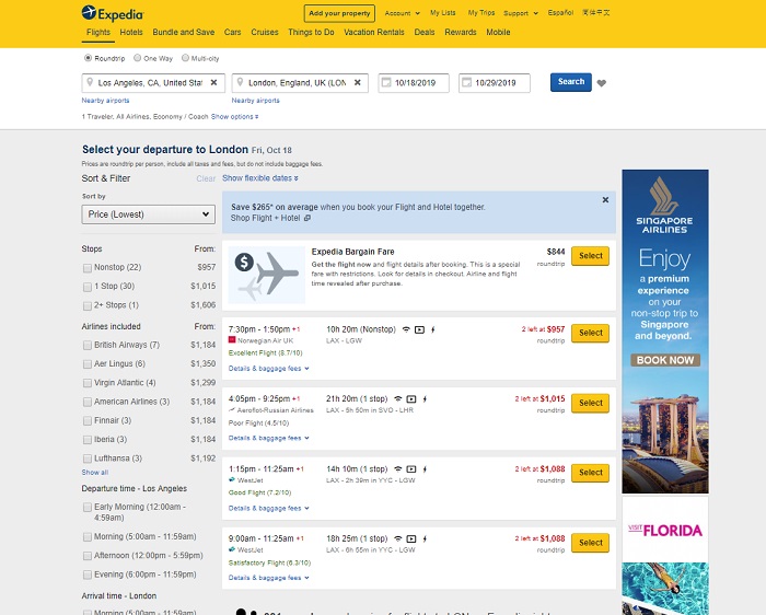 expedia flight results