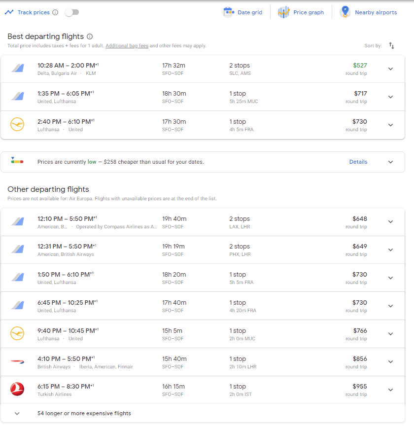 google flights results