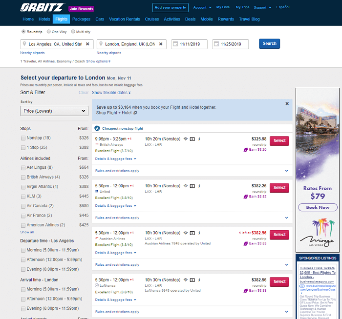 orbitz flights results 