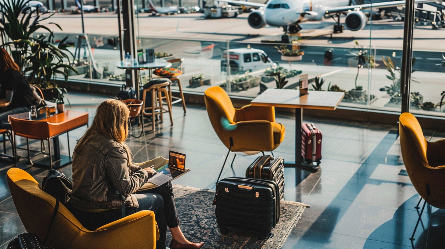 Travelers waiting in an airport lounge