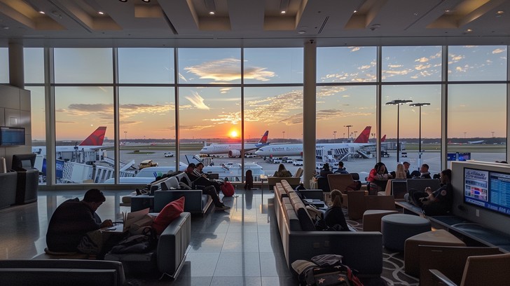 Travelers moving through an airport terminal